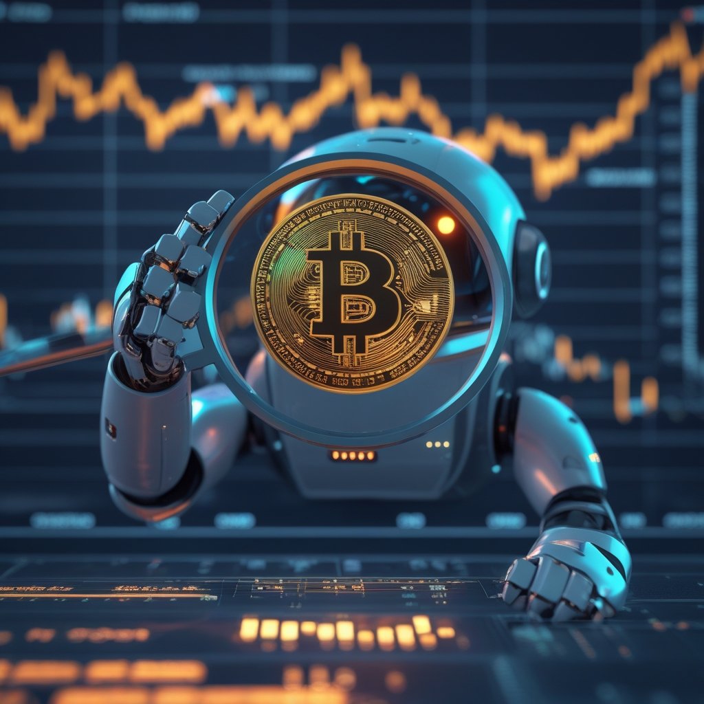 Bitcoin treasury firms: A friendly robot holding a magnifying glass, looking at tiny numbers and charts