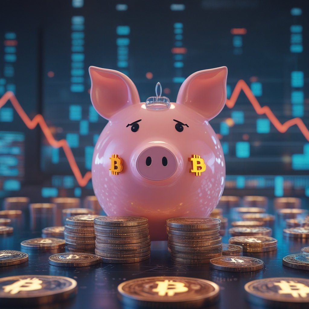 Bitcoin treasury stocks: A cartoon piggy bank filled with digital Bitcoin coins, with a sad face because the price went down