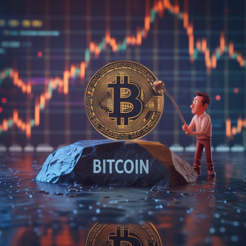 Bitcoin treasury stocks: A cartoon showing a lever lifting a heavy rock labeled 'Bitcoin', with a worried investor watching
