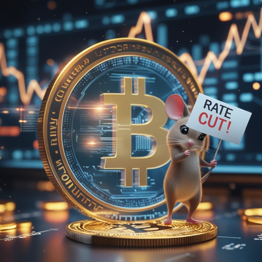Bitcoin under $100K: A friendly cartoon mouse with a tiny hat holding a sign that says 'Rate Cut!' while standing on a big coin