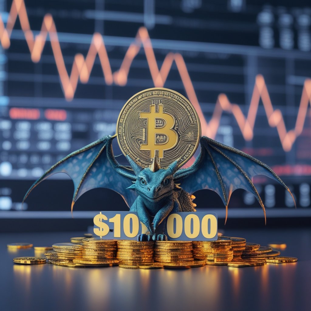 Bitcoin under $100K: A friendly dragon sitting on a pile of coins under a sign that says '$100,000' but not touching it