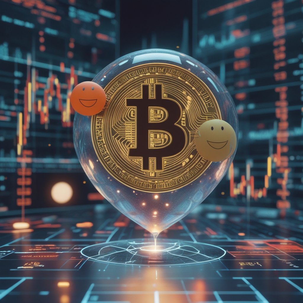 Bitcoin volatility: A cartoon of a bouncing balloon labeled Bitcoin with a friendly face, showing up and down arrows