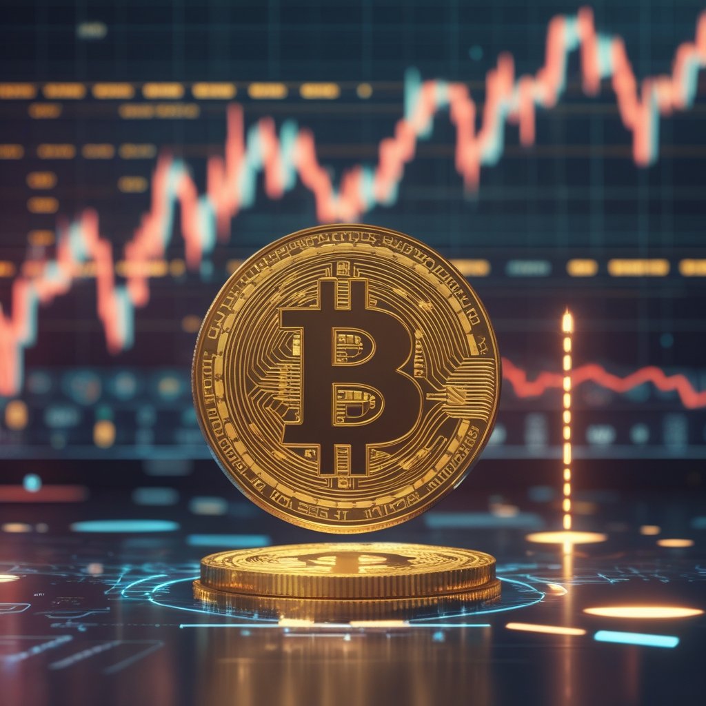 Bitcoin volatility: A cartoon of a golden Bitcoin coin bouncing up and down like a ball, with a simple chart line showing ups and downs in the background