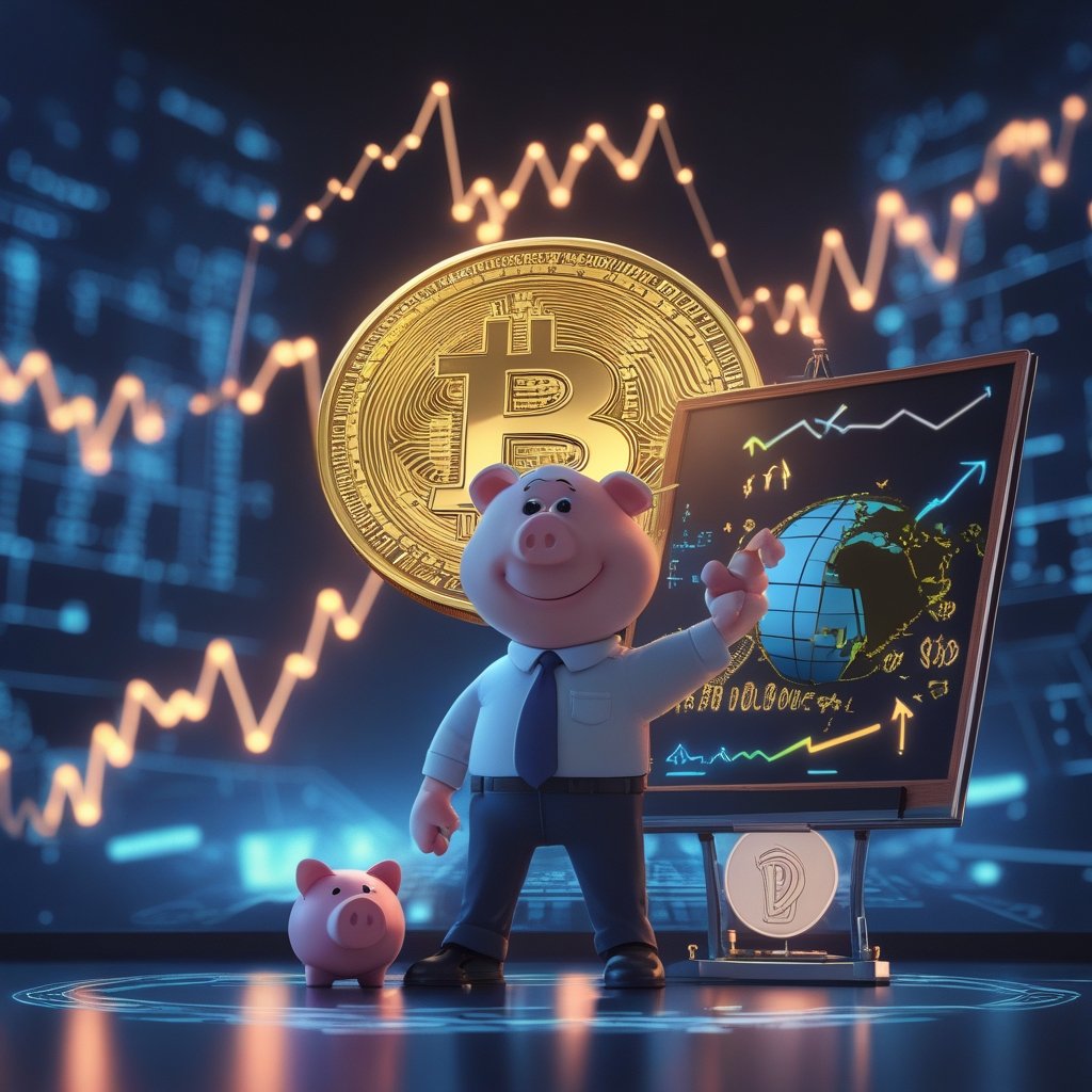 Bitcoin volatility: A friendly cartoon of a teacher (Powell) with a chalkboard showing up and down arrows, with a piggy bank and a globe