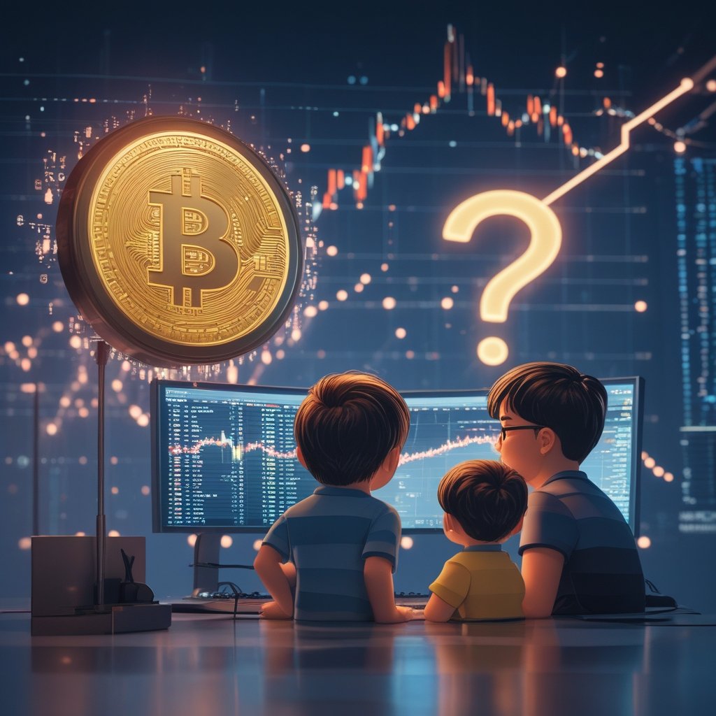 Bitcoin volatility: A friendly cartoon showing a child and a parent looking at a computer screen with Bitcoin prices, with a big question mark above their heads