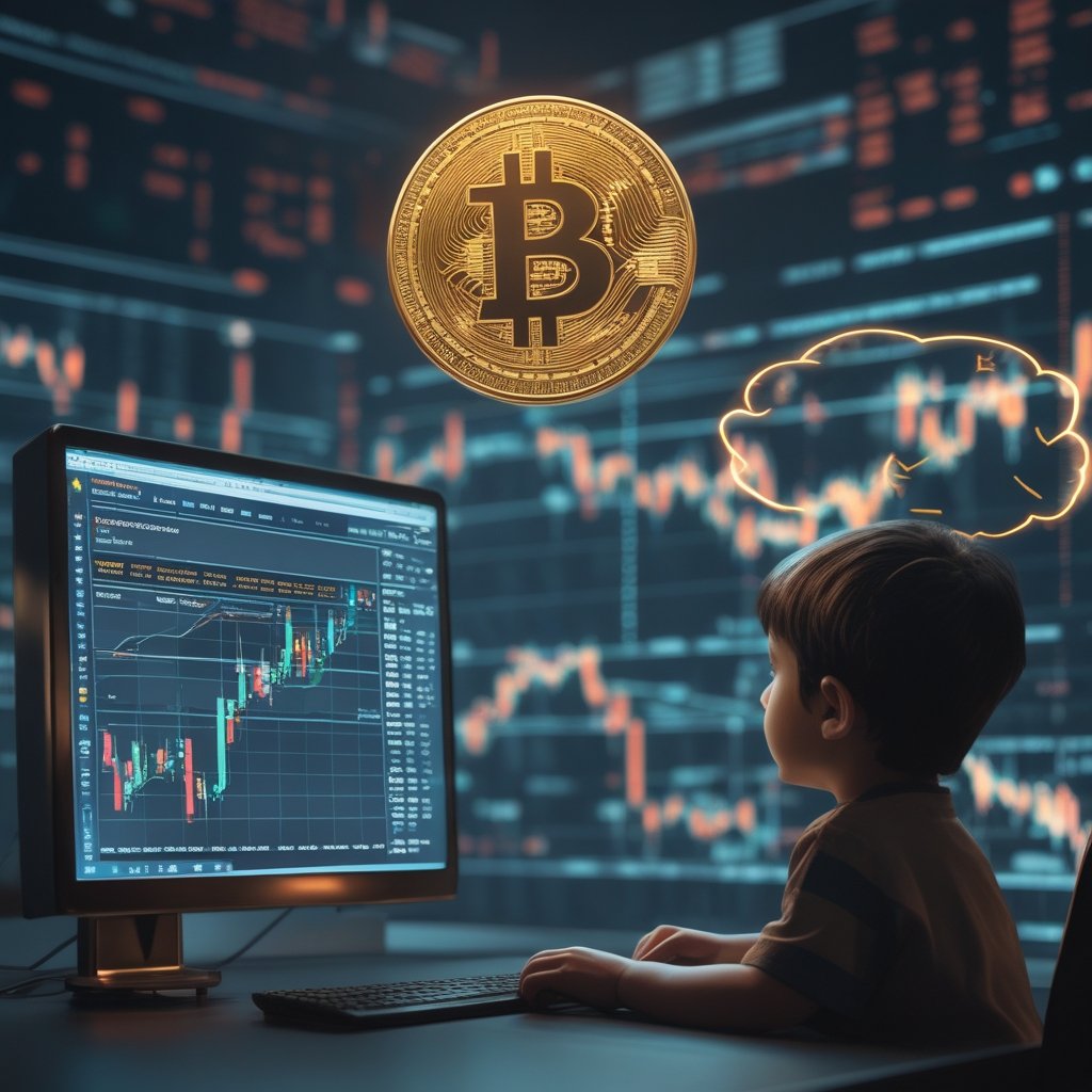 Bitcoin volatility: A simple cartoon of a child watching a computer screen with Bitcoin prices going up and down, with a thought bubble showing a balloon