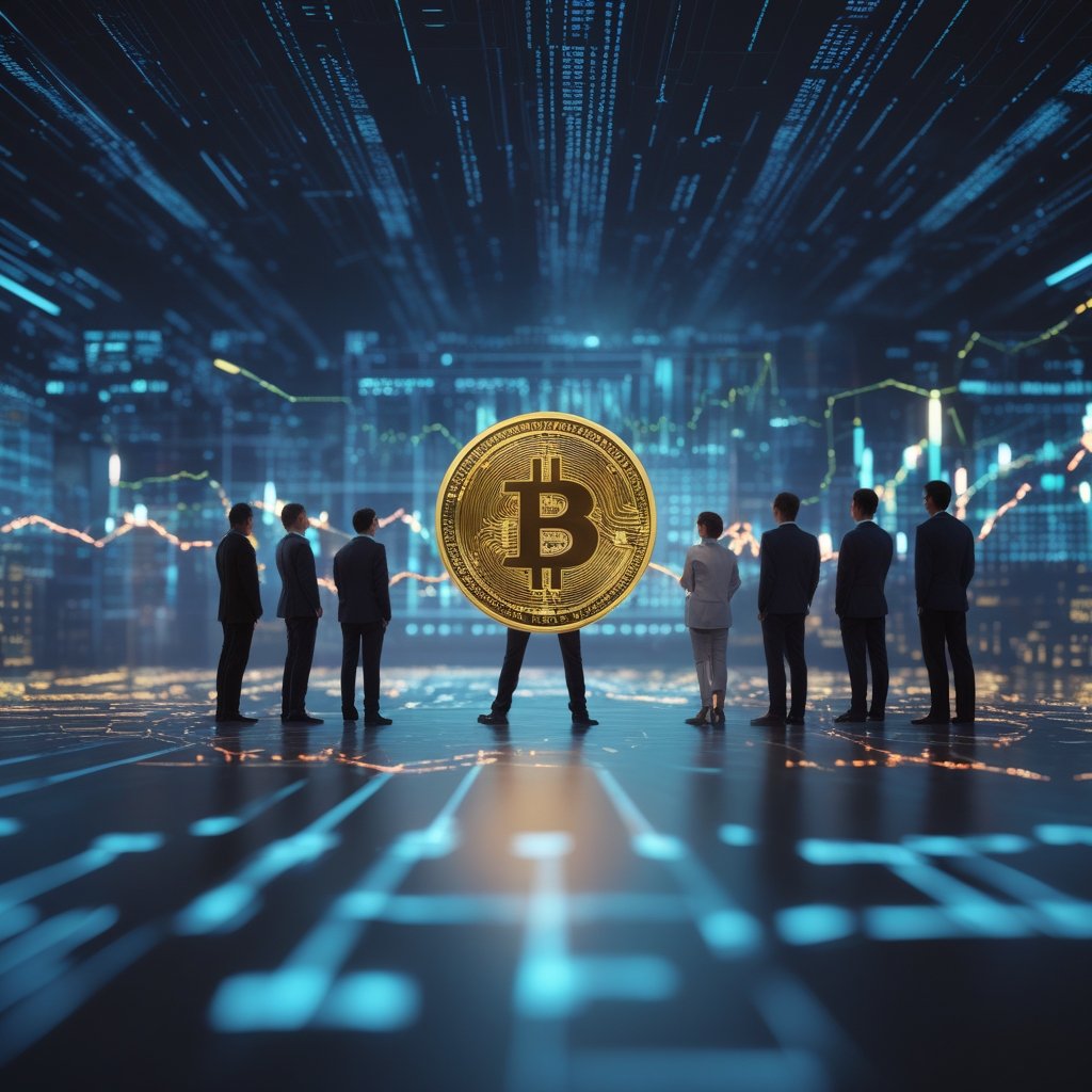 Bitcoin volatility: A simple cartoon showing a group of people watching a big screen with a Bitcoin chart, with arrows pointing up and down