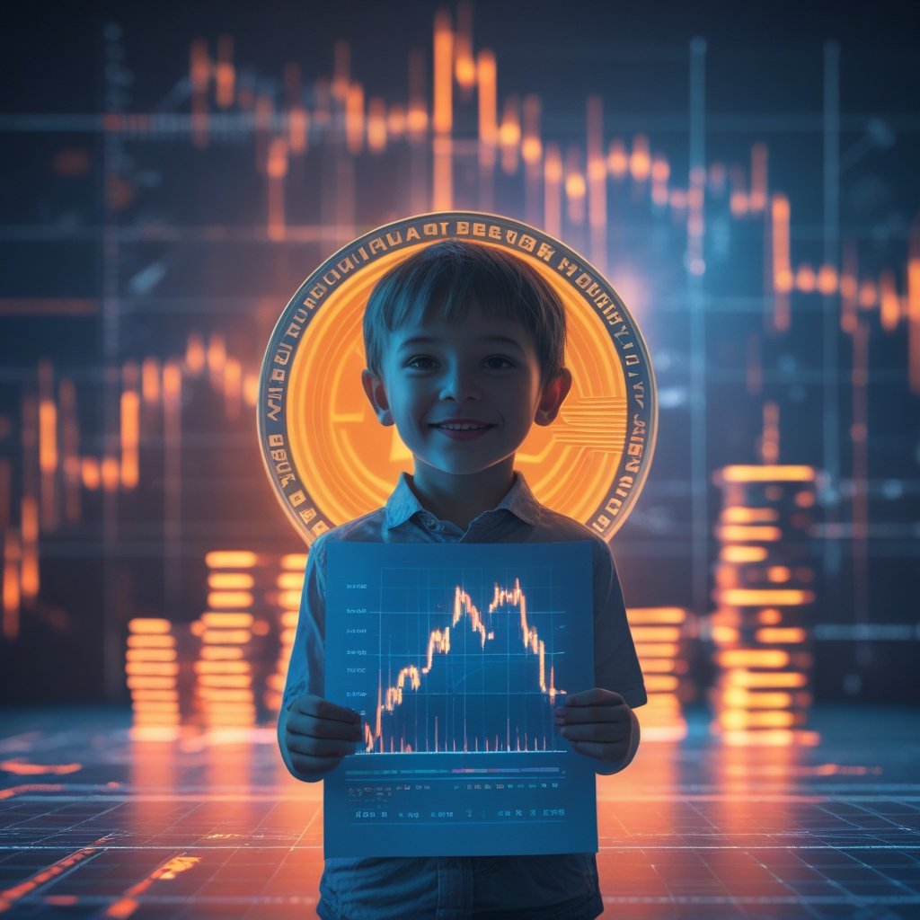 Bitcoin volatility index: A child holding a simple paper with a chart, smiling and looking confident.