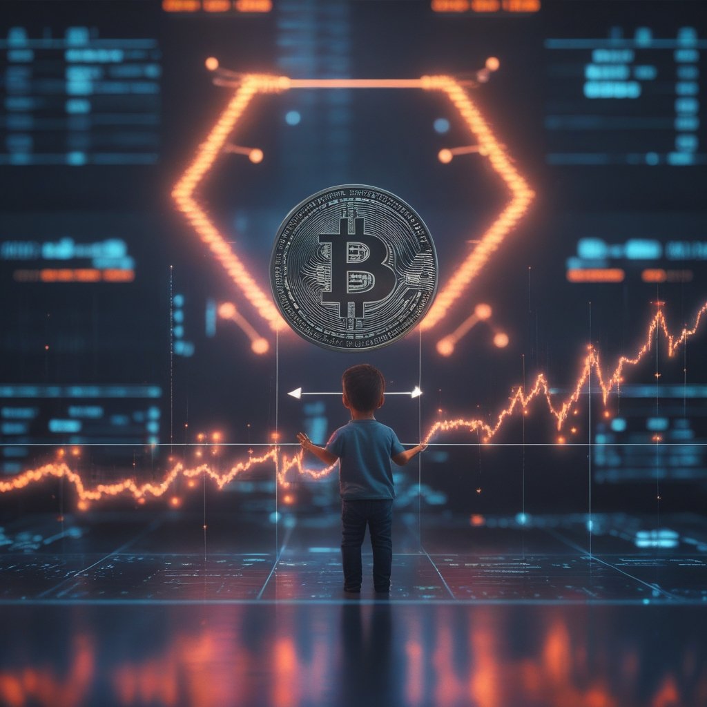 Bitcoin volatility index: A child looking at a simple chart with up and down arrows, representing Bitcoin's price movement.