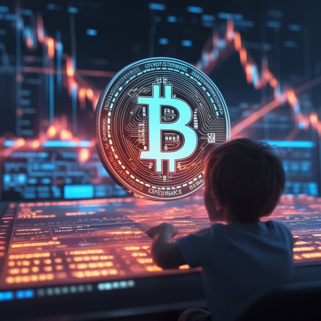 Bitcoin volatility index: A child looking at a simple scoreboard with Bitcoin symbols, representing CME crypto benchmarks.