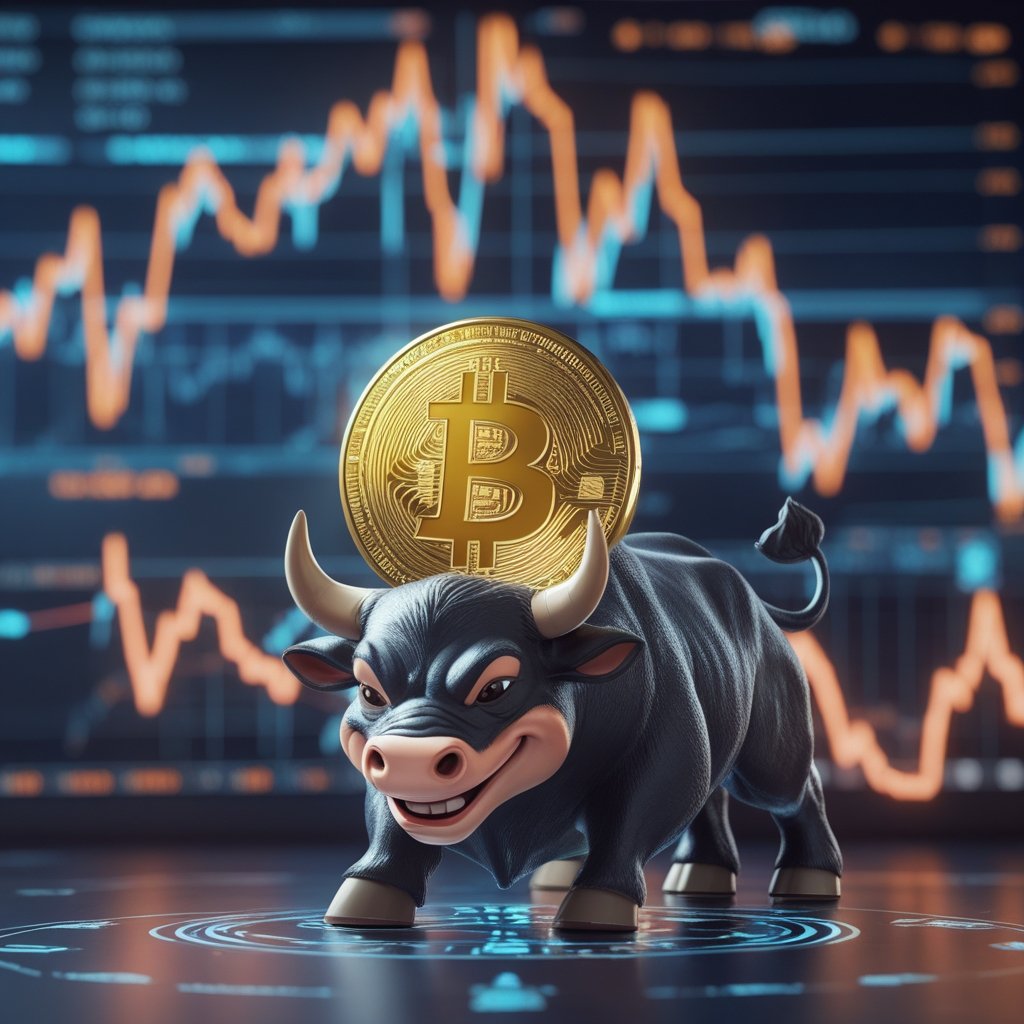 Bitcoin whales: A cartoon bull charging forward with a happy face