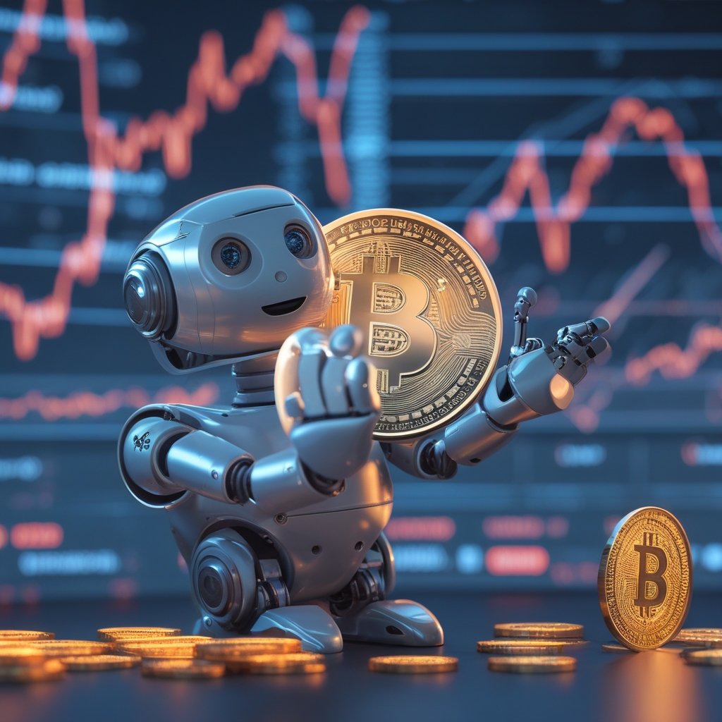 Bitcoin yen positions: A friendly robot holding a coin that looks like Bitcoin and a coin that looks like the Yen.