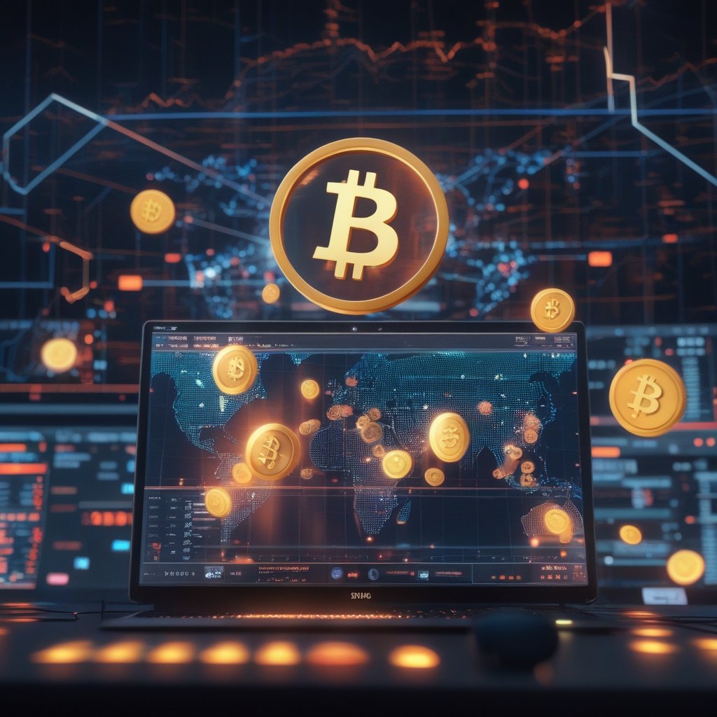BlackRock AI report: A colorful drawing of a happy computer screen showing digital coins flying out to different parts of the world, with smiling faces in each country.