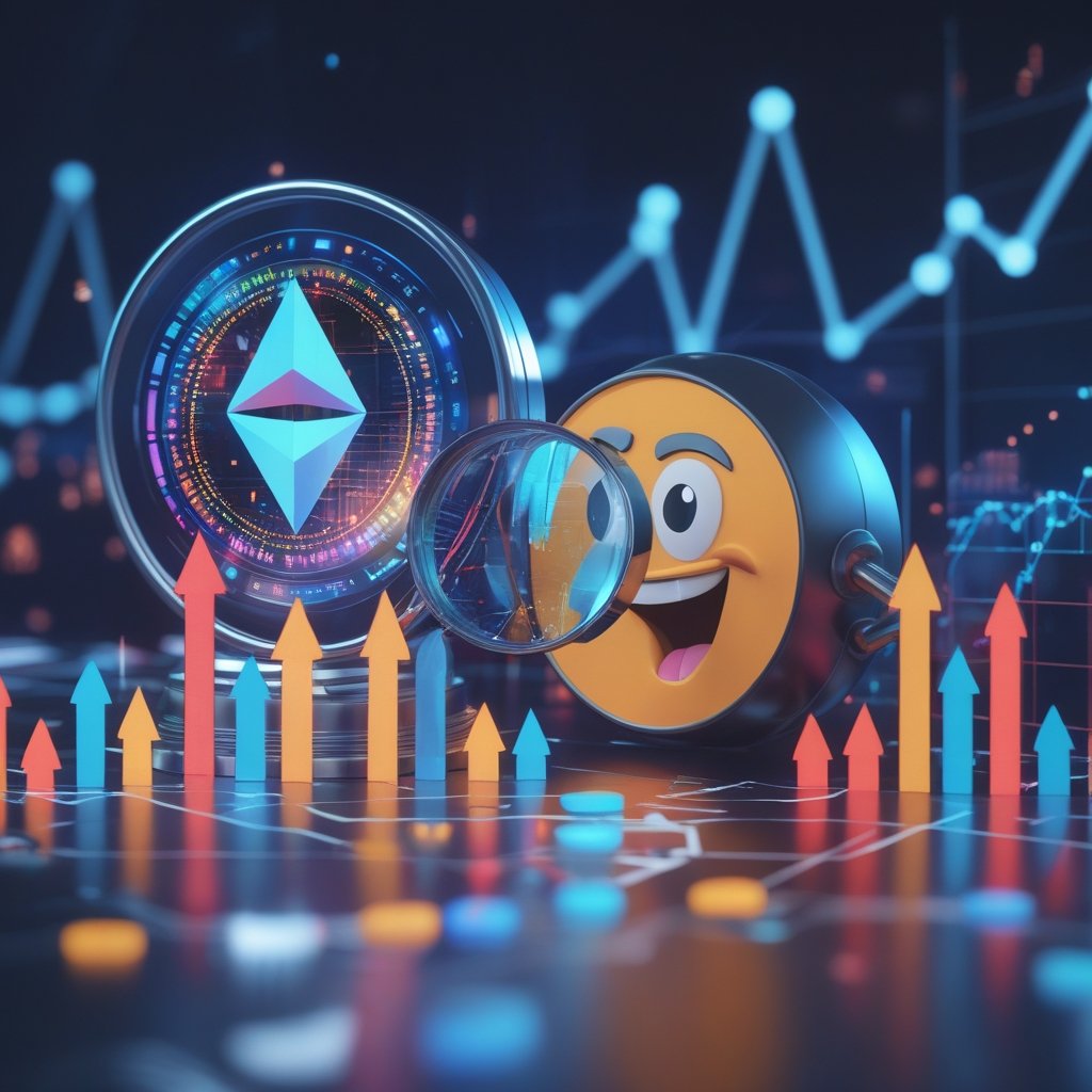 BlackRock AI report: A friendly cartoon character holding a magnifying glass, looking at a colorful chart with upward arrows, with a big smile on their face.