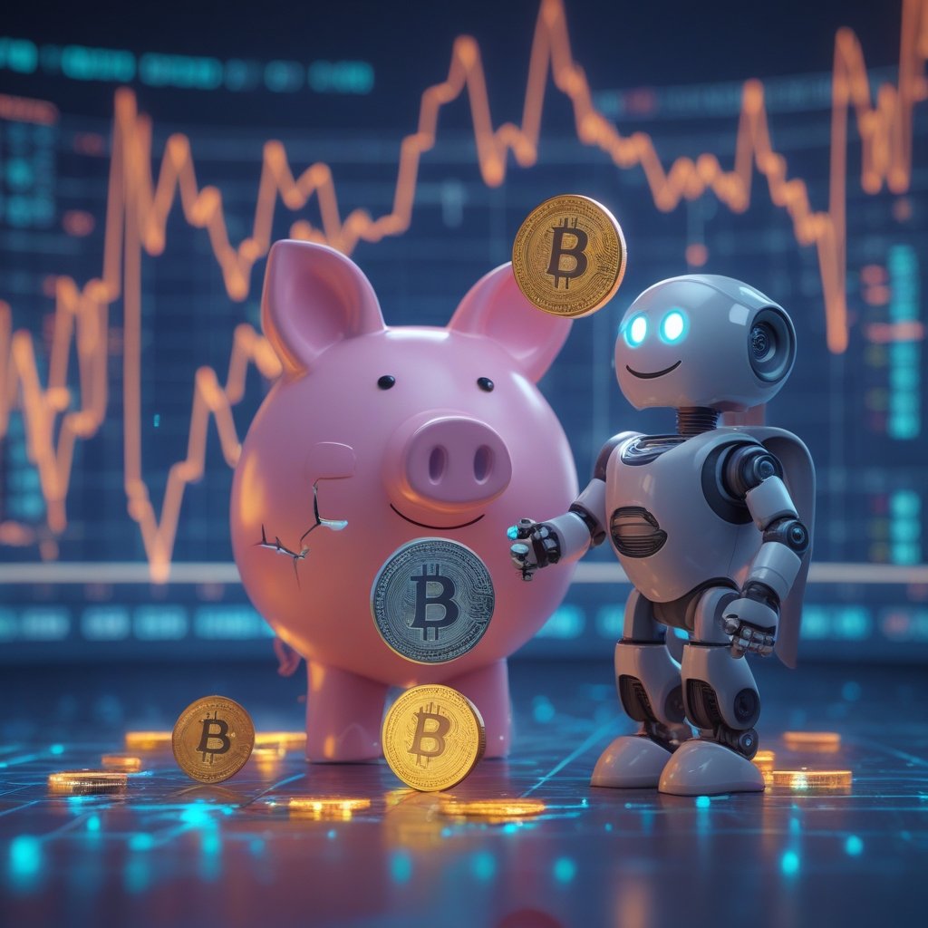BlackRock AI report: A friendly cartoon of a giant piggy bank with a crack and a happy robot handing out shiny digital coins to smiling children.