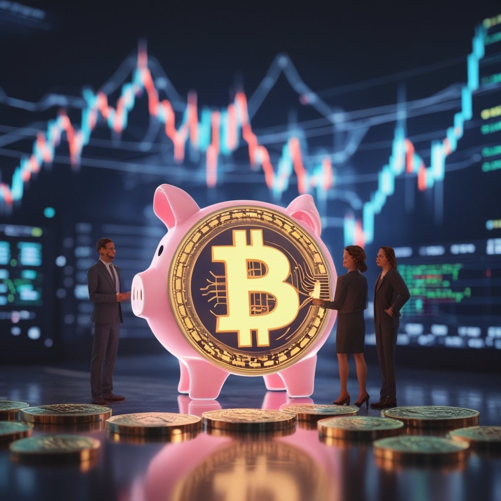 BlackRock Bitcoin ETF: A picture of a big piggy bank with digital coins and a friendly team working together
