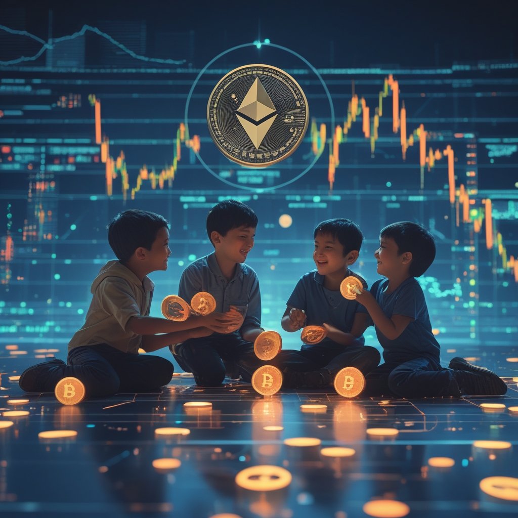 BlackRock Ether ETF: Children playing together with digital coins and happy faces