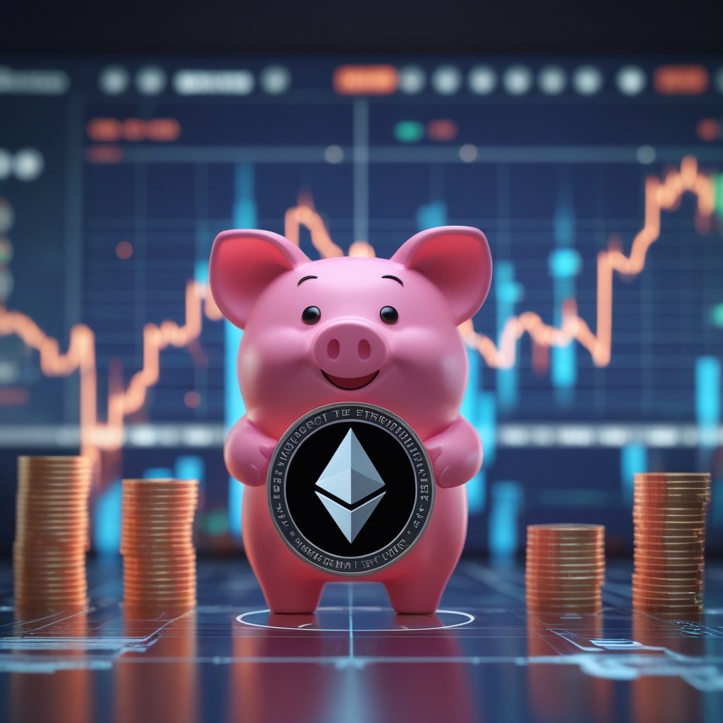 BlackRock Ethereum ETF: A cartoon piggy bank with a digital Ethereum coin inside, smiling