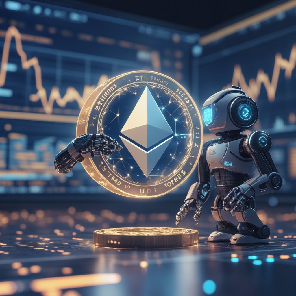 BlackRock Ethereum ETF: A friendly robot staking digital coins into a glowing computer network