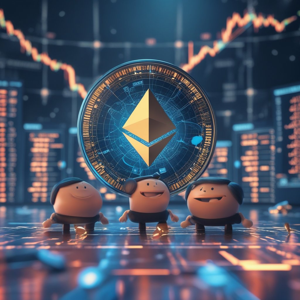 BlackRock Ethereum ETF: A group of friendly cartoon characters looking at a big chart with happy faces
