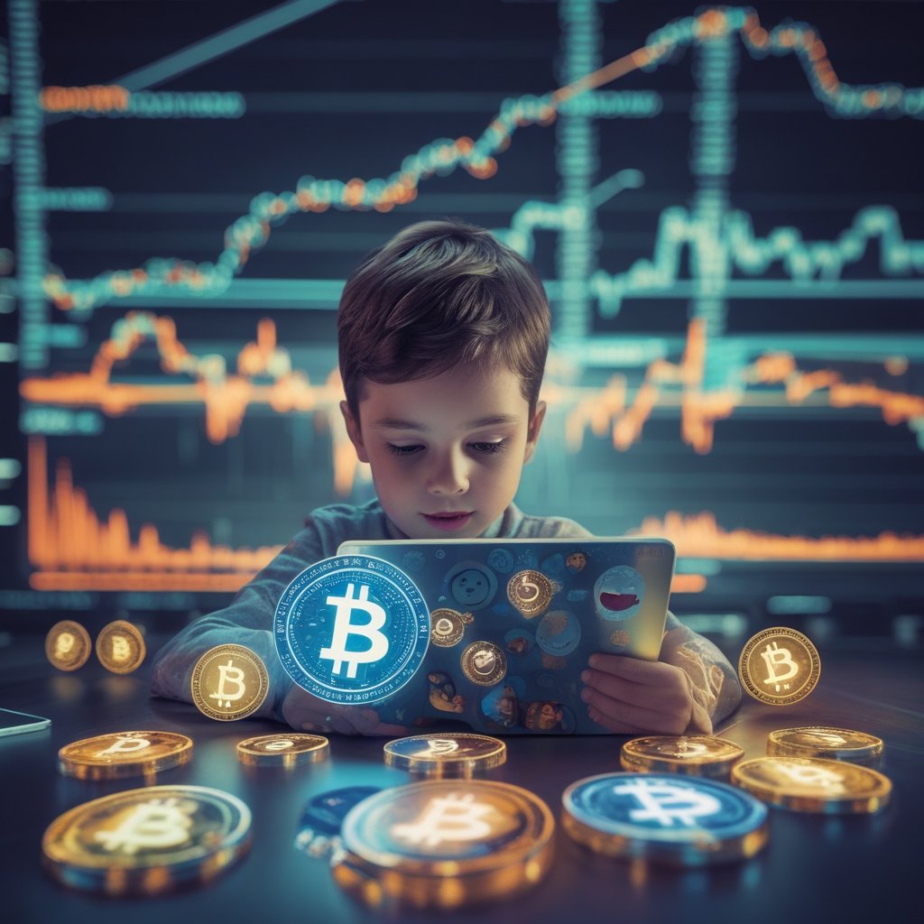 Blockchain trial: A child using a digital wallet with smiling coins and stickers, simple and fun