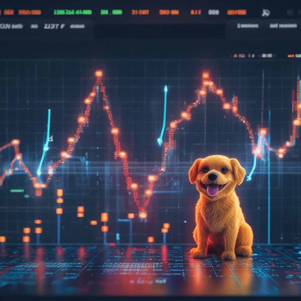 Bonk price prediction: A chart with colorful lines going up, showing a happy Bonk dog sitting on the highest point