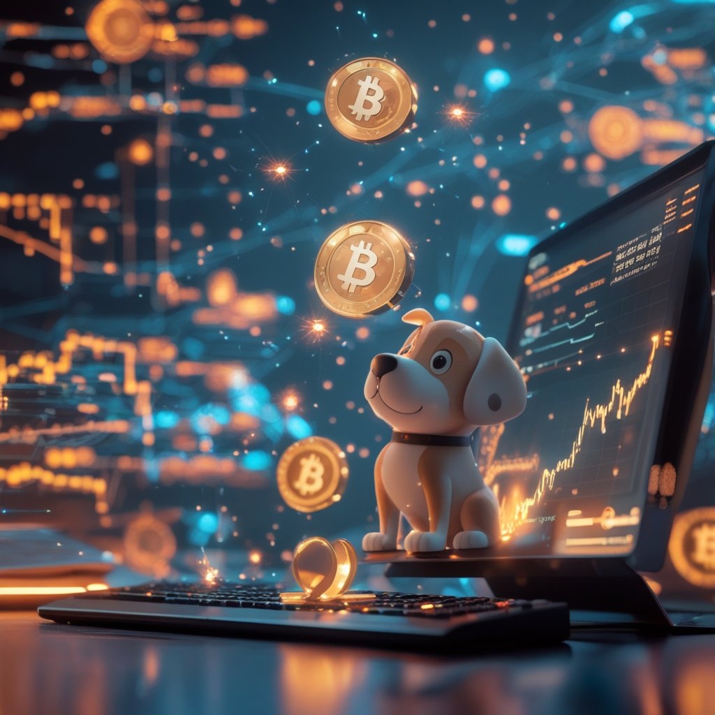Bonk price prediction: A cute cartoon dog named Bonk sitting on a computer screen, surrounded by sparkles and coins