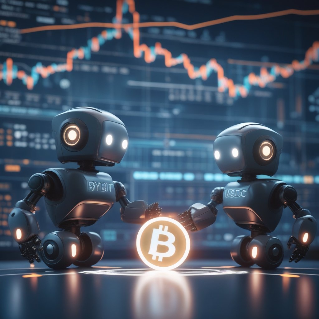 Bybit USDC partnership: A cartoon of two friendly robots, one named Bybit and one named Circle, shaking hands over a glowing USDC coin