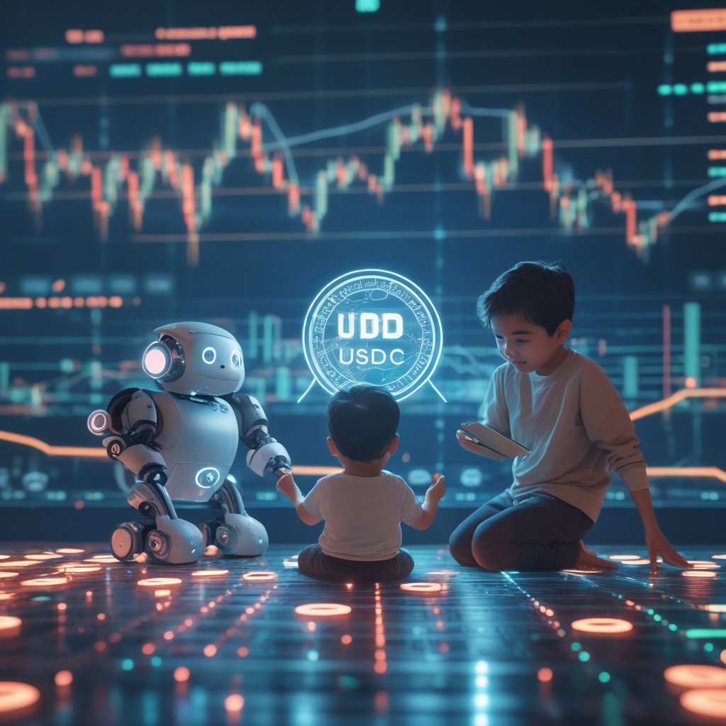 Bybit USDC partnership: A friendly robot teaching a child how to use a digital wallet with USDC coins