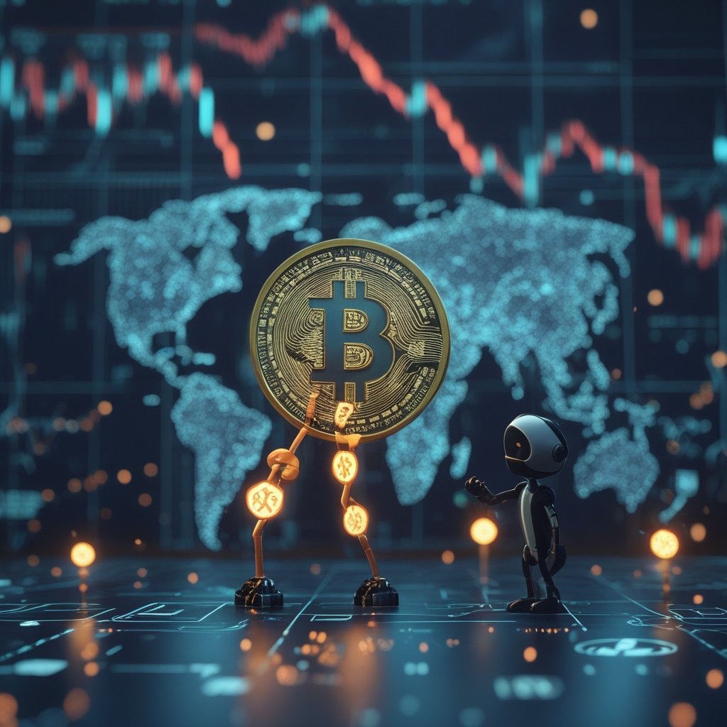 CARF crypto tax: Cartoon world map with friendly robots passing sparkly coins between countries