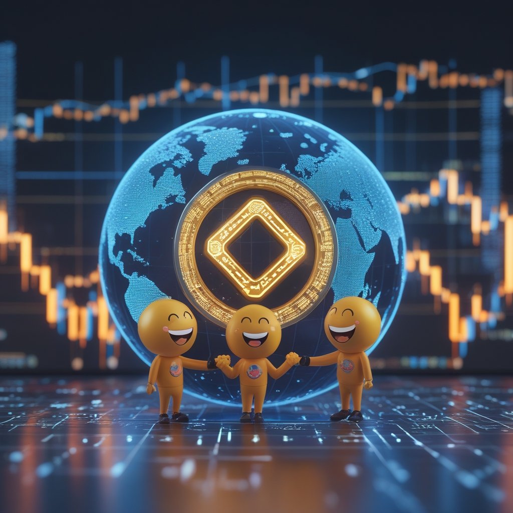 CARF crypto tax: Happy cartoon globe with smiling faces, holding hands around a digital coin