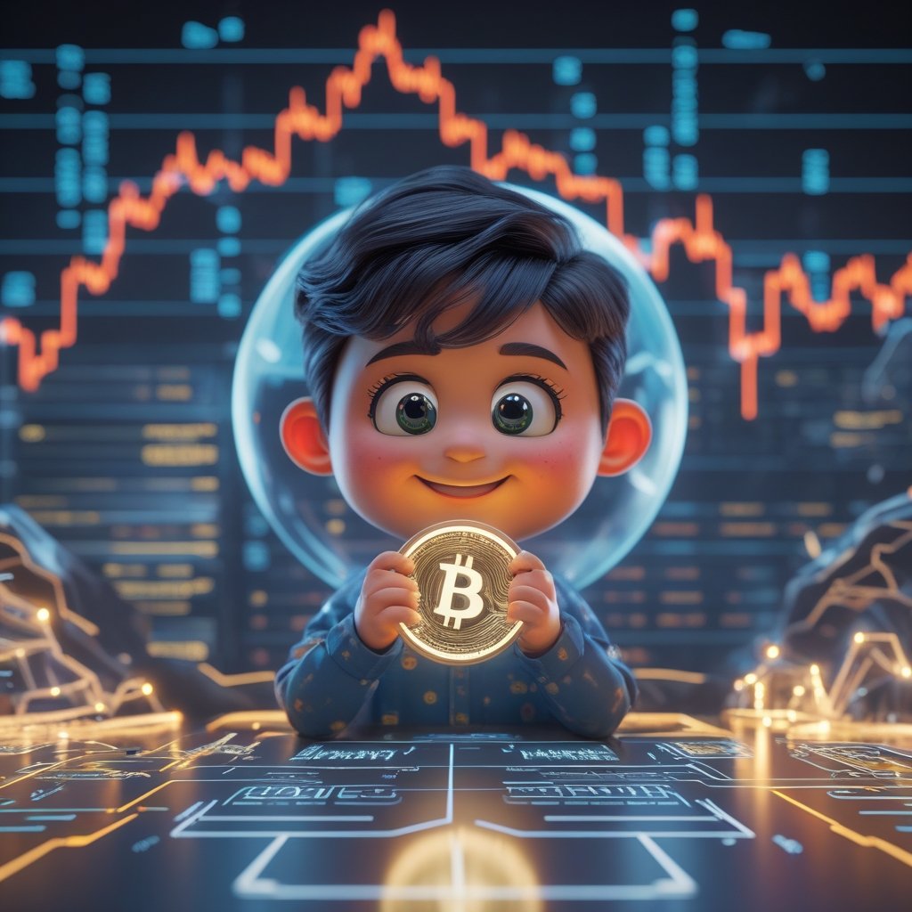 CARF crypto tax: Picture of a smiling cartoon child holding a glowing coin labeled 'Bitcoin'