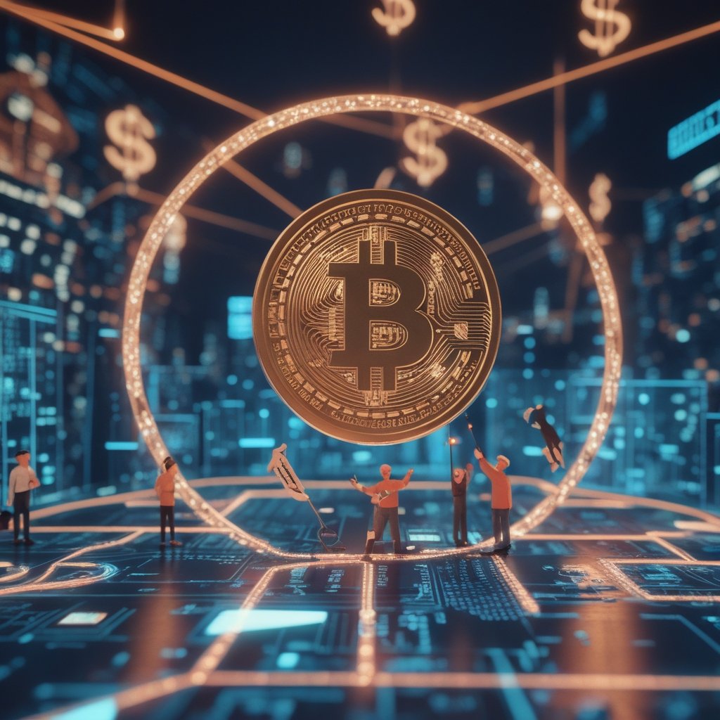 CFTC Innovation Council: A cartoon of a city map with roads shaped like dollar signs and computer chips, with a friendly grown-up fixing a broken traffic light while others watch and cheer