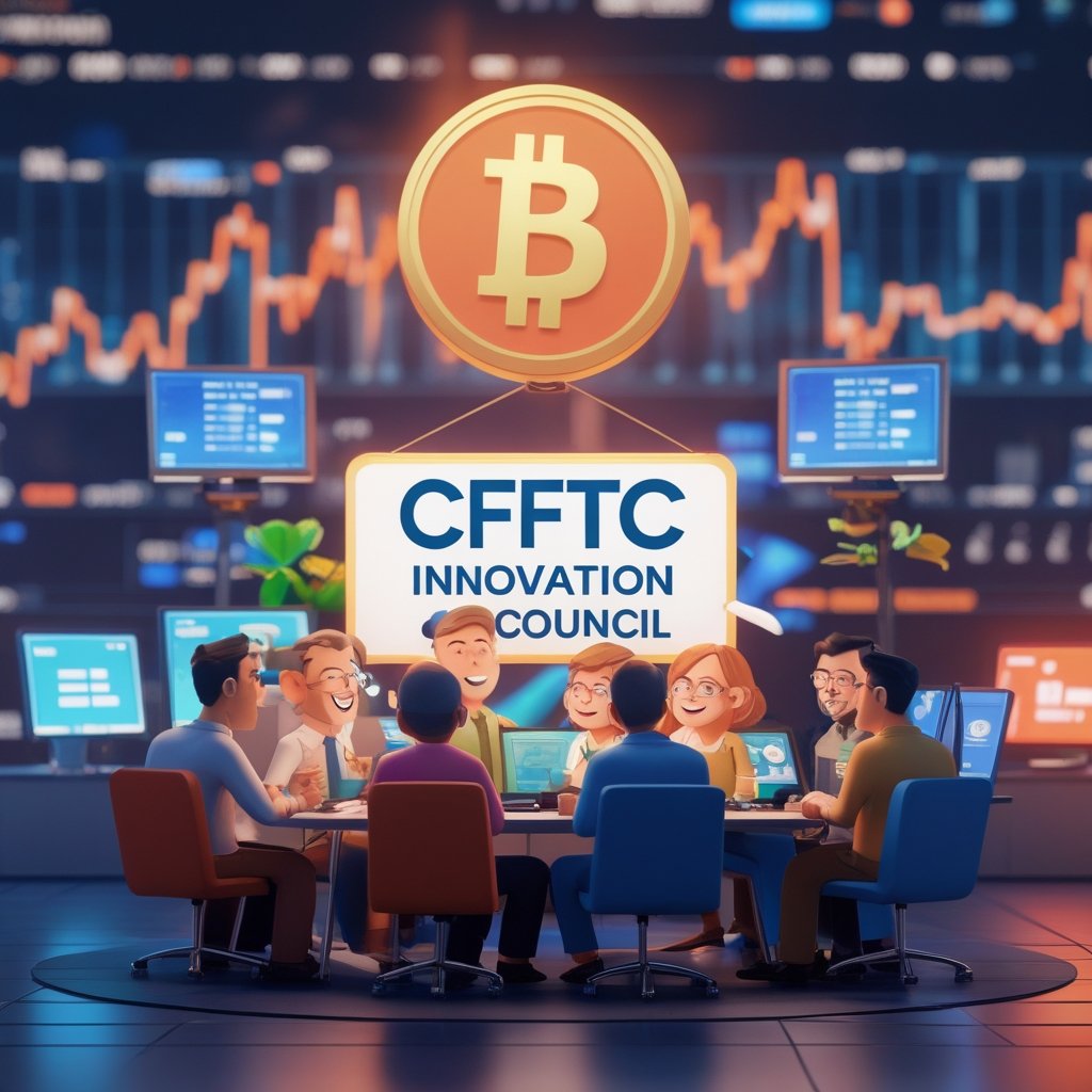 CFTC Innovation Council: A colorful illustration of a friendly clubhouse with a sign that says 'CFTC Innovation Council', with cartoon adults sitting around a table looking at computers and smiling