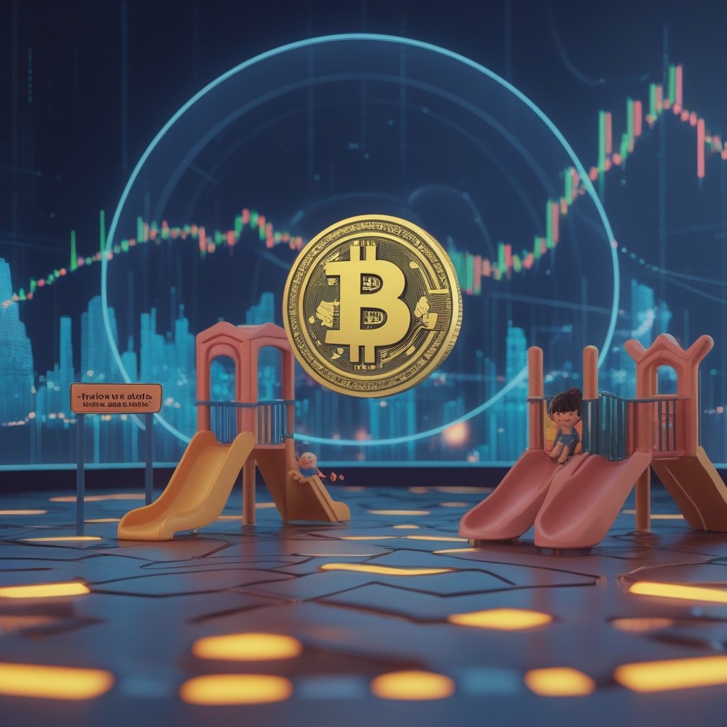 CFTC Innovation Council: A simple cartoon of a playground with a slide, swings, and a sandbox, with a sign that says 'Rules Keep Us Safe!' and happy children playing