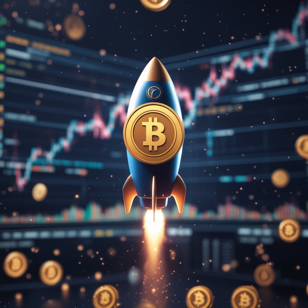 CFTC approval: A cartoon rocket labeled Gemini Titan launching into space with stars shaped like coins