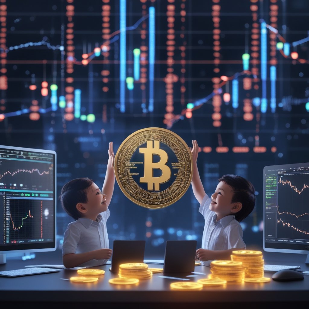 CFTC approval: A friendly cartoon of two twins high-fiving with a computer showing digital coins