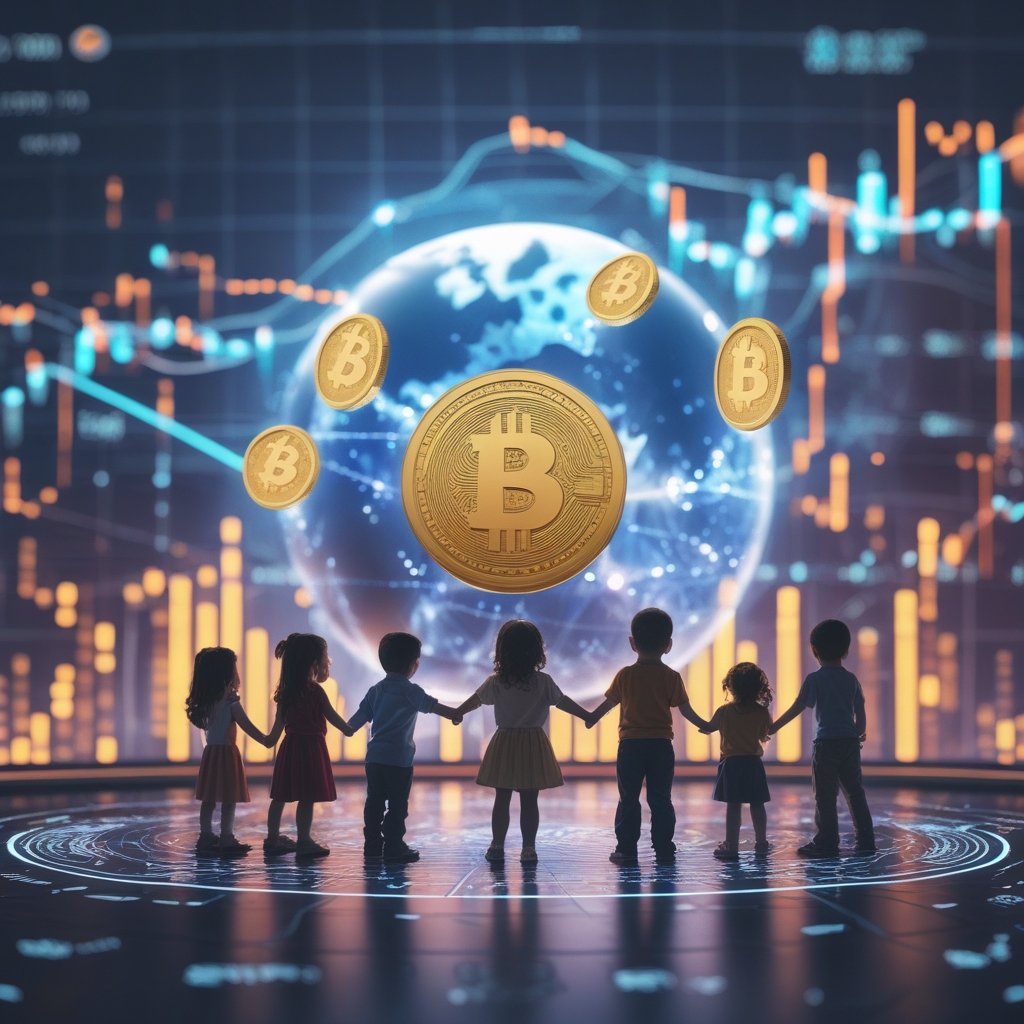 CFTC approval: A happy cartoon of children holding hands around a globe with digital coins floating