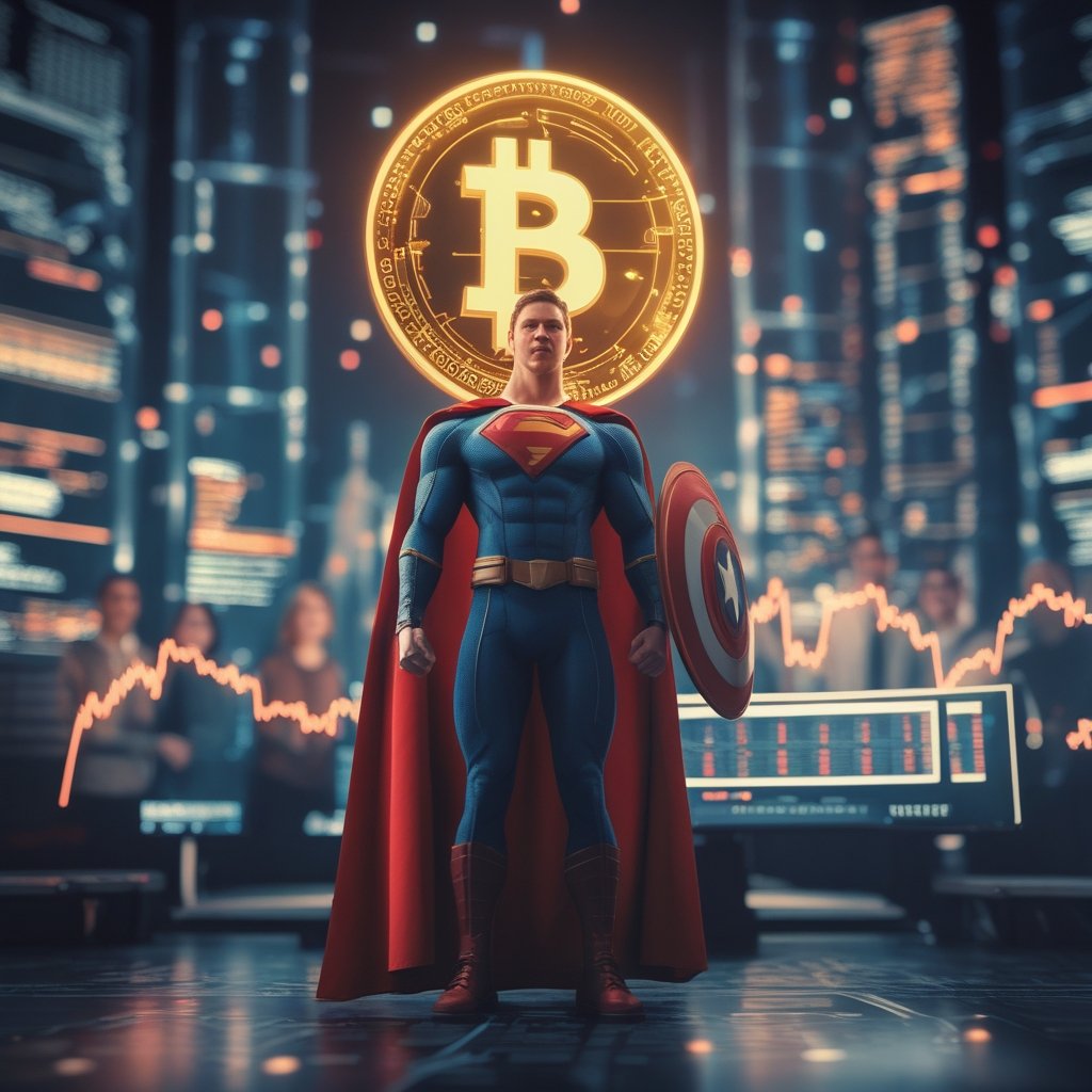 CFTC leverage ruling: A superhero with a shield standing in front of a glowing computer with happy people behind them