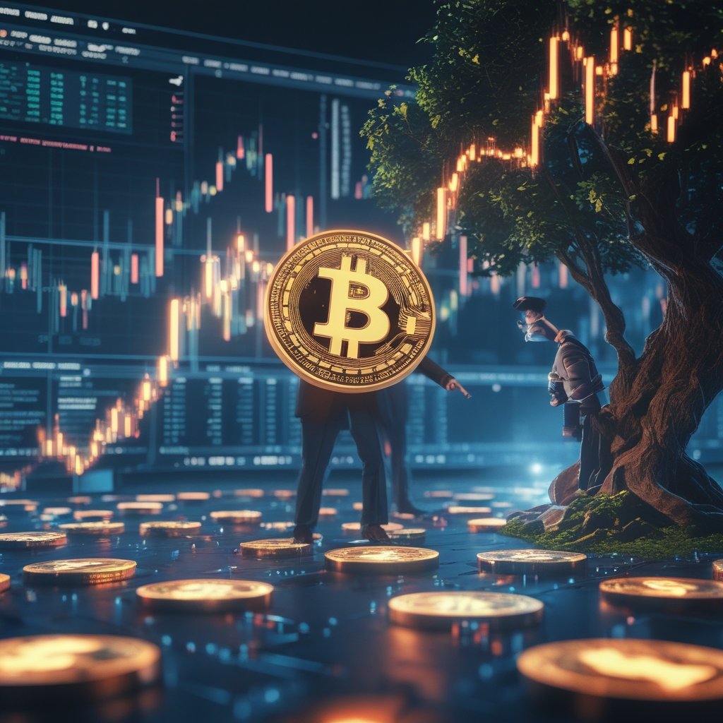 Canadian crypto users: A cartoon showing a tax collector finding hidden crypto money behind a tree