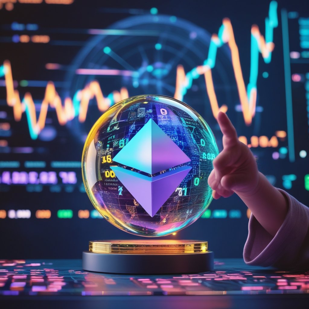 Cardano ADA price: A colorful illustration of a crystal ball showing different price numbers, with a child's hand pointing at it