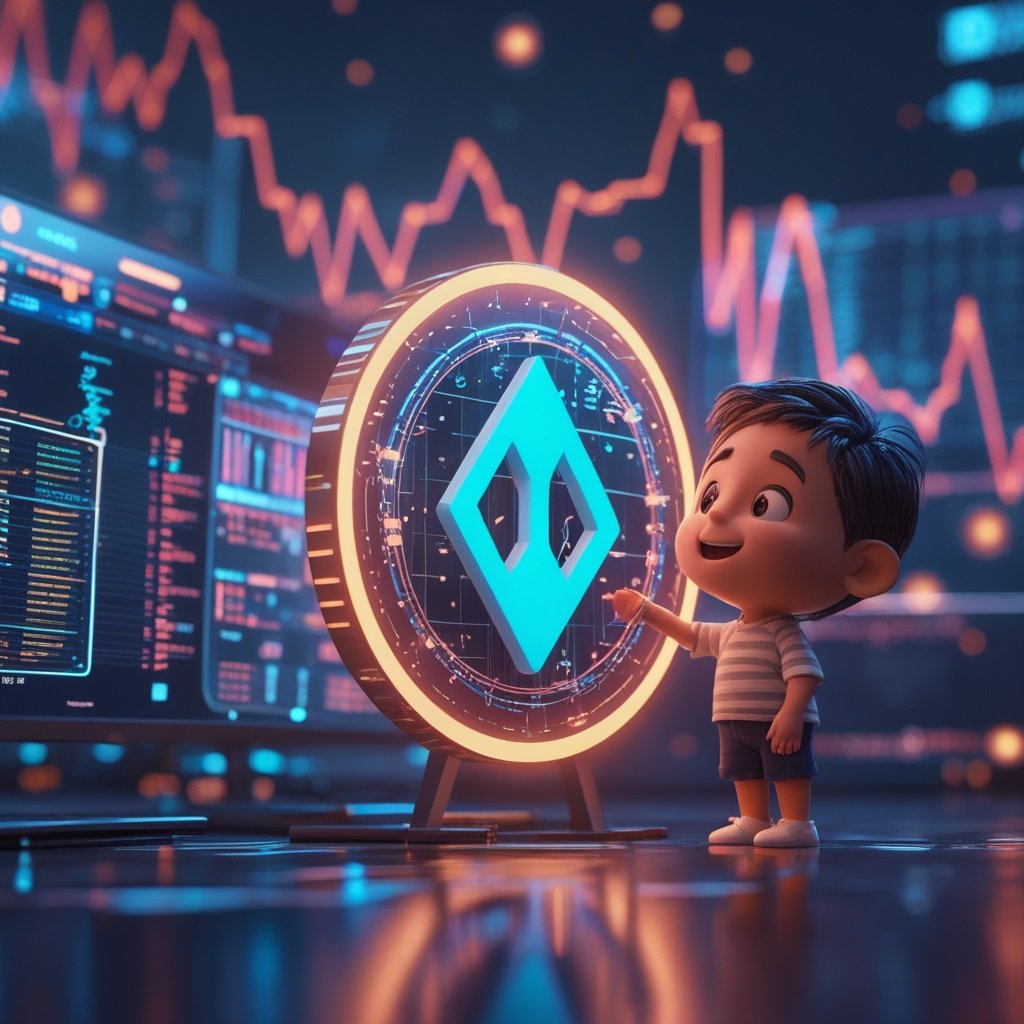 Cardano ADA price: A friendly cartoon character looking at a colorful chart with rising lines, explaining to a child