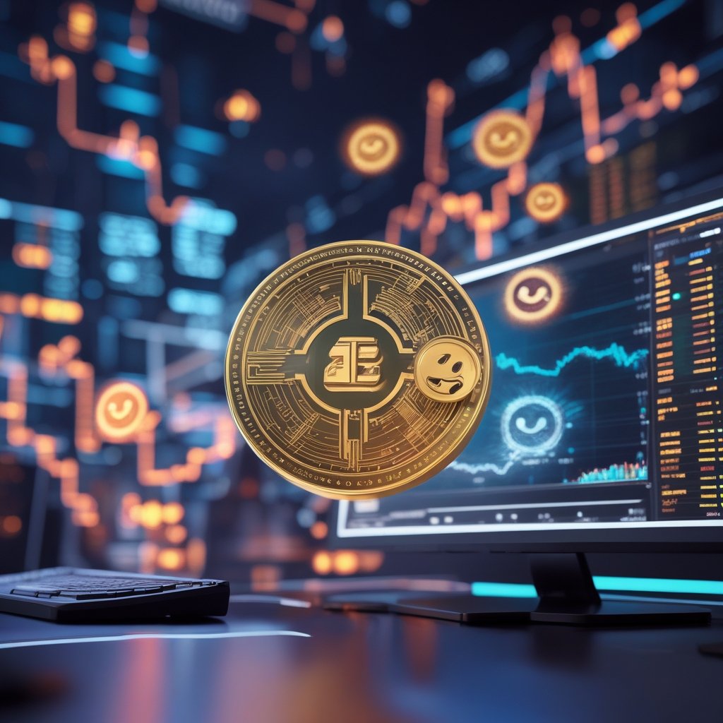 Casascius coins: A cartoon showing digital coins moving across a computer screen with happy faces