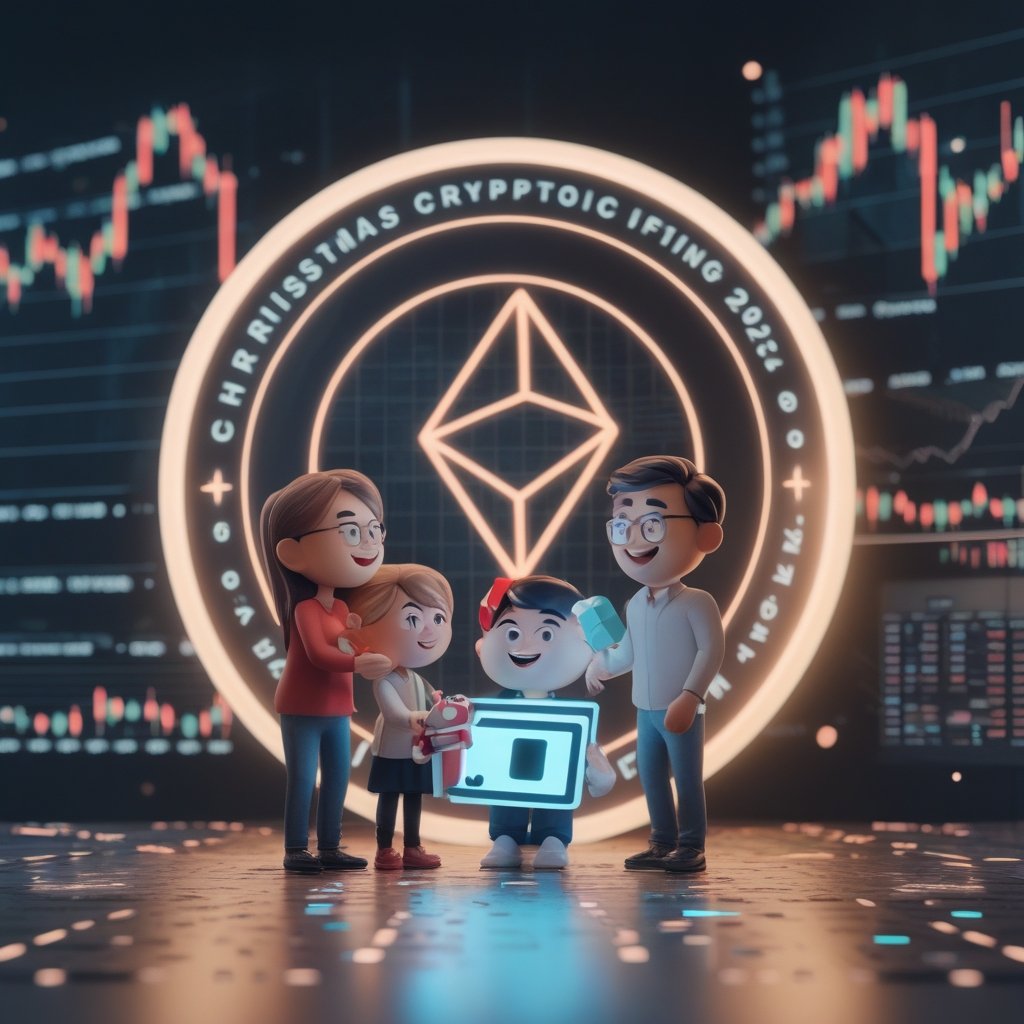 Christmas crypto gifting 2025: A happy cartoon family exchanging digital gift cards, simple description...