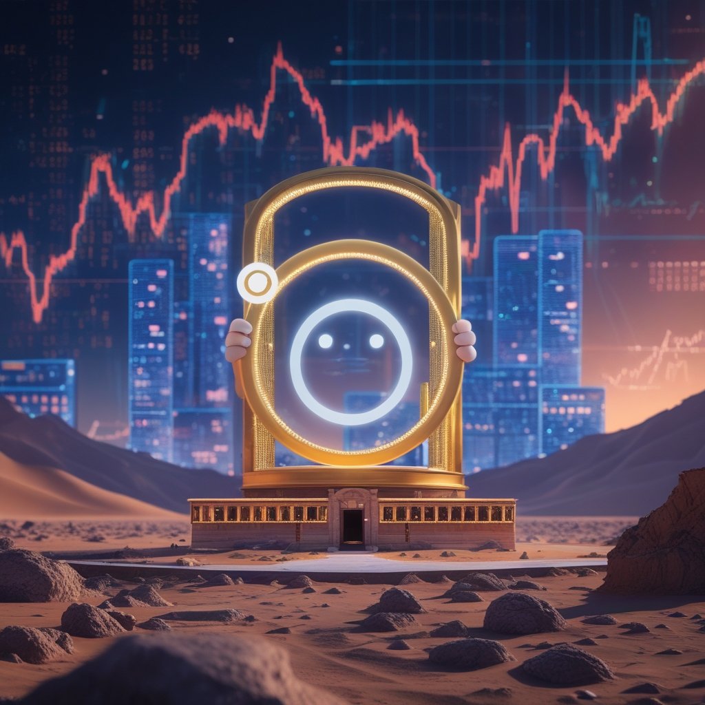 Circle ADGM license: A cartoon of a happy circle character holding a golden ticket in front of a fancy building in the desert