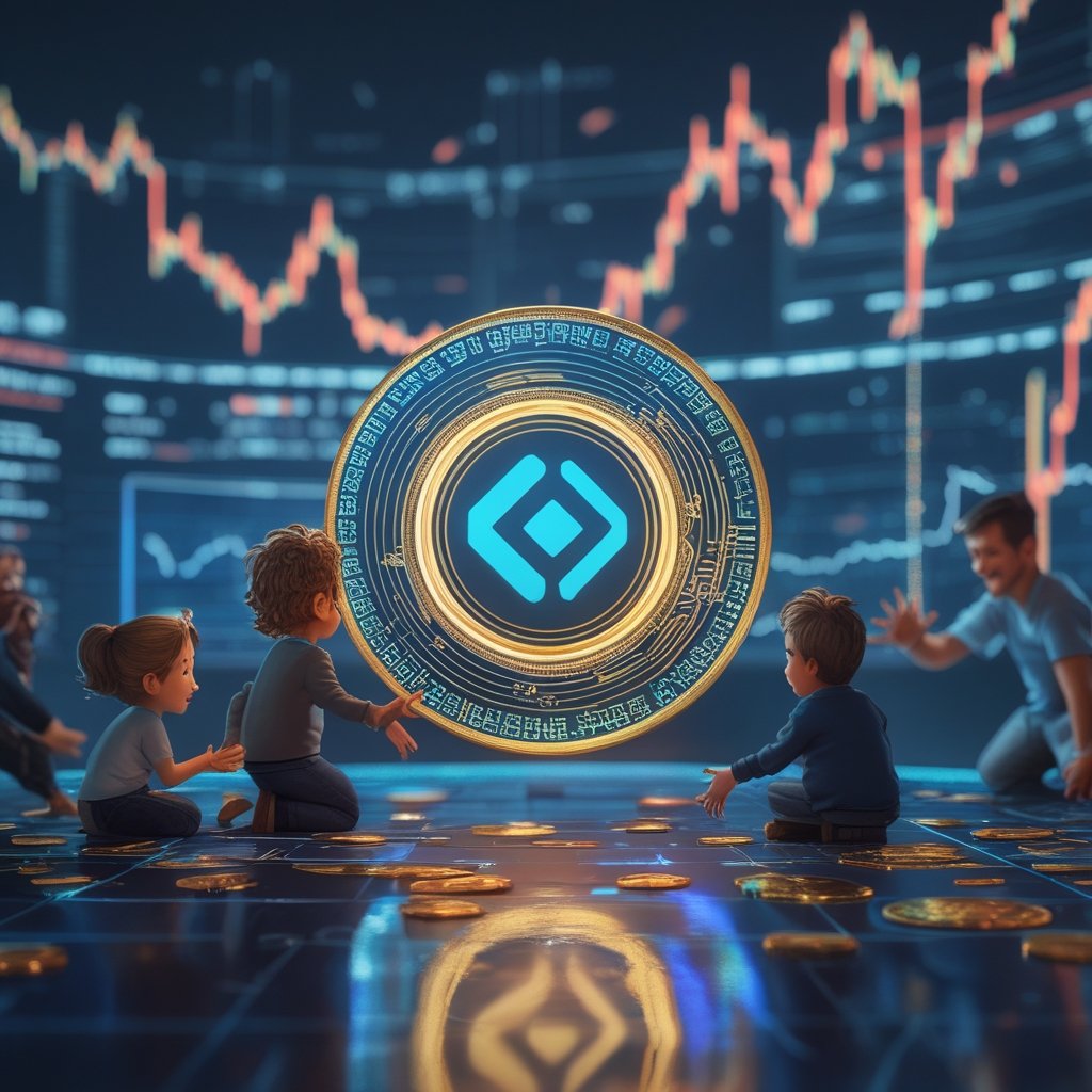 Circle ADGM license: A cheerful cartoon of kids playing a board game with crypto coins, with a friendly adult watching over them