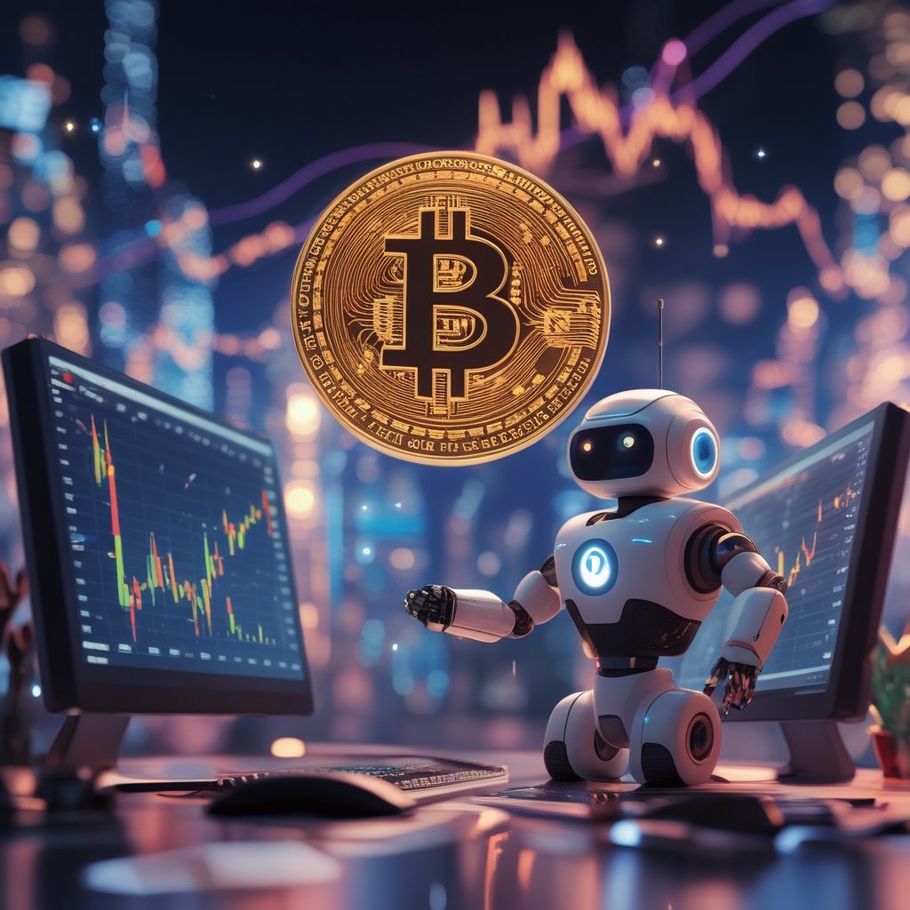 Circle ADGM license: A friendly robot helping people use digital money on colorful computers in a sunny desert city