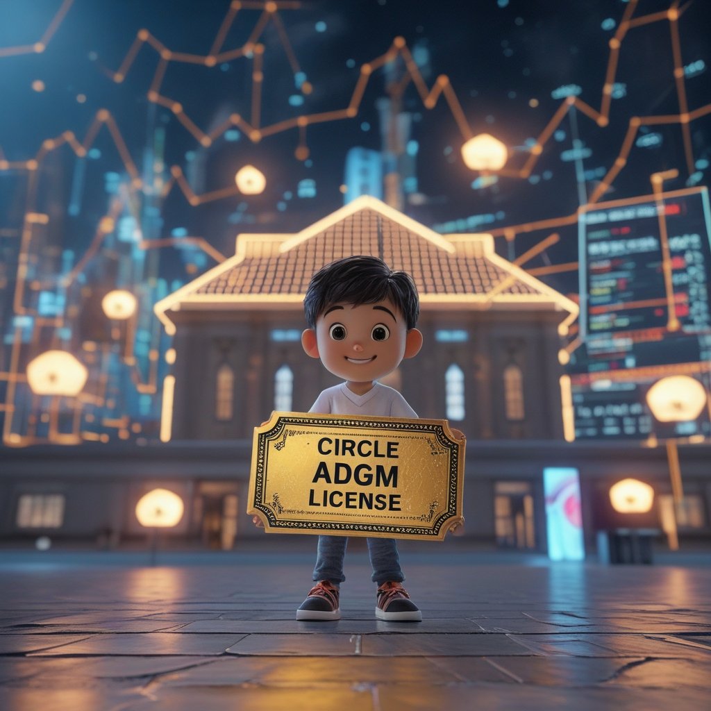 Circle ADGM license: A simple drawing of a child holding a big golden ticket labeled 'Circle ADGM license' in front of a friendly-looking building with a UAE flag