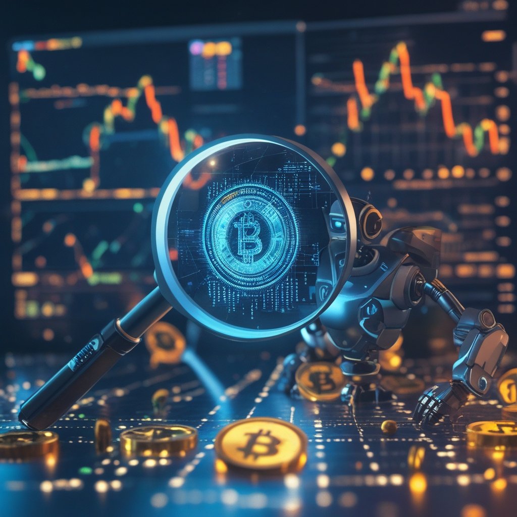 Claude Opus 4.5 exploit: A robot with a magnifying glass looking at computer code, with coins and candy floating around