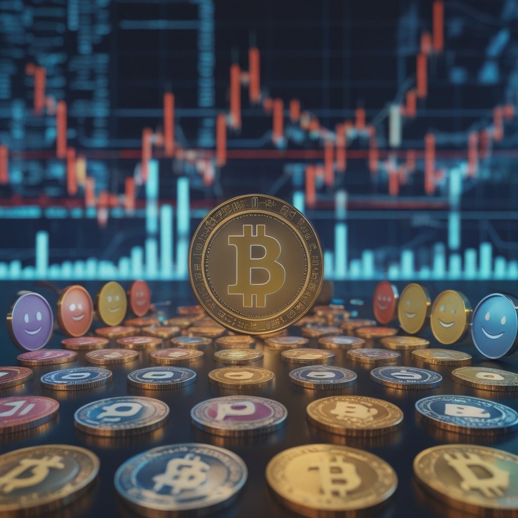 CoinDesk 20: A colorful picture of 20 different cryptocurrency coins with happy faces, arranged like a classroom chart